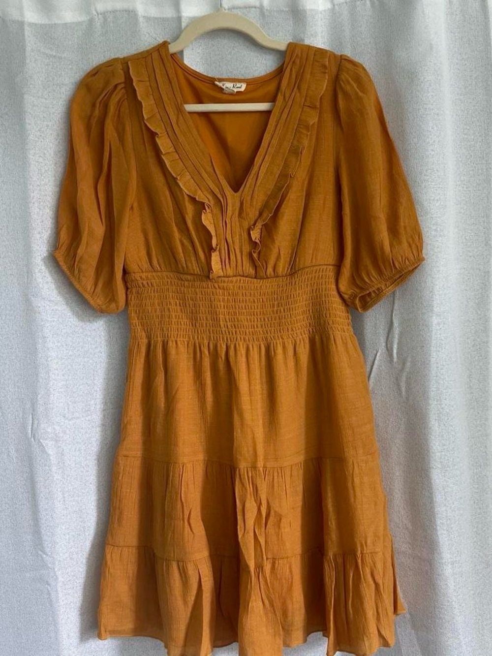 Women's Mini Dress with Ruffle V-Neck in Mustard